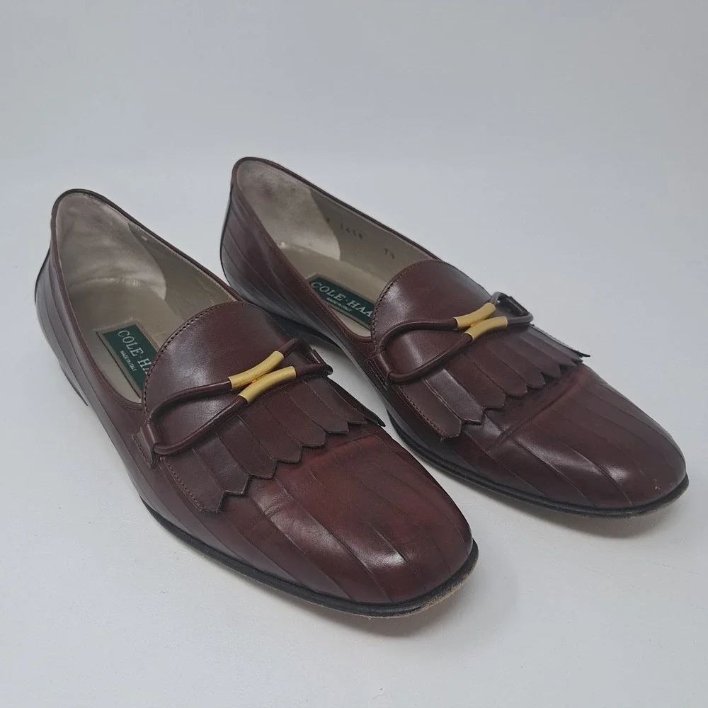 Vintage Cole Haan Kiltie Leather Loafers Womens Size 7.5 AAAA Brown Italy Narrow